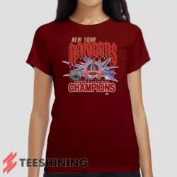 Female model wearing the 1994 New York Rangers Eastern Conference Champions Classic Hockey Women's T-Shirt in maroon. Crafted from ultra-soft cotton, this classic crew neck tee offers breathable comfort and effortless style.