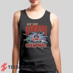 Female model wearing the 1994 New York Rangers Eastern Conference Champions Classic Hockey Women's Tank Top in charcoal. A perfect blend of comfort and breathability for workouts or summer days.