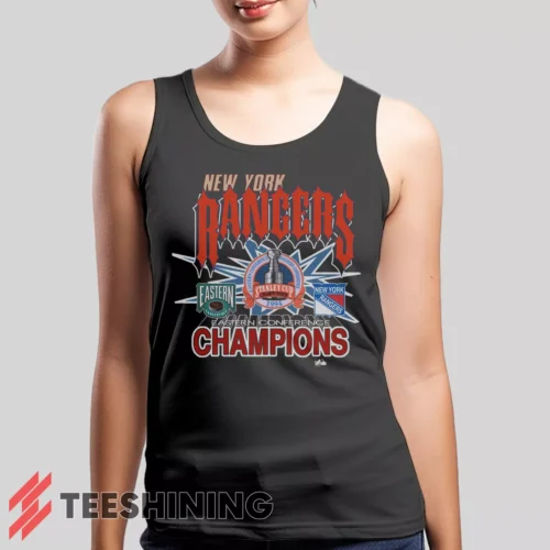 Female model wearing the 1994 New York Rangers Eastern Conference Champions Classic Hockey Women's Tank Top in charcoal. A perfect blend of comfort and breathability for workouts or summer days.