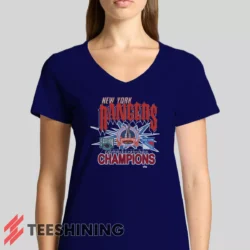 Female model rocking the 1994 New York Rangers Eastern Conference Champions Classic Hockey Women's V-Neck T-Shirt in navy. Featuring a modern V-neck cut, perfect for a stylish yet casual look.