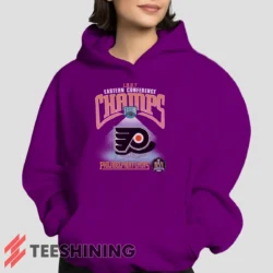Female model showcasing the 1997 Philadelphia Flyers NHL Hockey Women's Hoodie in purple. This ultra-cozy pullover hoodie is designed for warmth and everyday versatility.