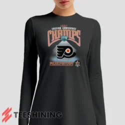 Female model sporting the 1997 Philadelphia Flyers NHL Hockey Women's Long Sleeve T-Shirt in charcoal. Lightweight and breathable, ideal for transitional weather.