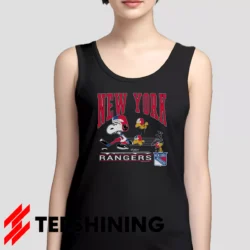 Female model wearing the 90s New York Rangers Snoopy Peanuts NHL Hockey Vintage Fan Women's Tank Top in black. A perfect blend of comfort and breathability for workouts or summer days.