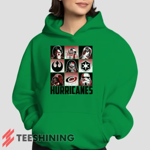 Female model showcasing the Carolina Hurricanes Star Wars Heroes And Villains Women's Hoodie in irish green. This ultra-cozy pullover hoodie is designed for warmth and everyday versatility.