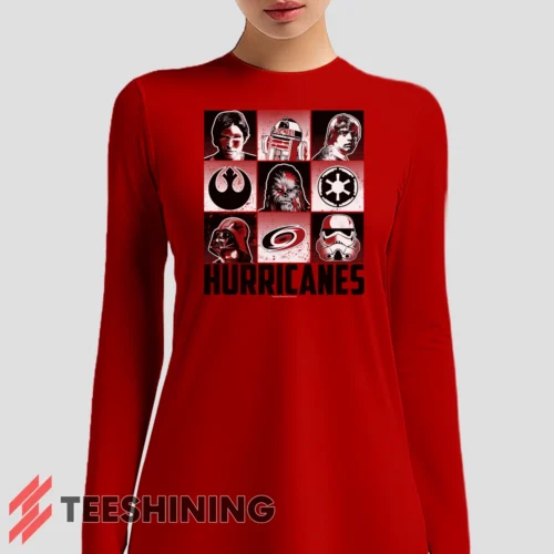 Female model sporting the Carolina Hurricanes Star Wars Heroes And Villains Women's Long Sleeve T-Shirt in red. Lightweight and breathable, ideal for transitional weather.