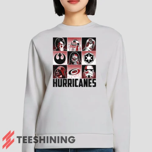 Female model lounging in the Carolina Hurricanes Star Wars Heroes And Villains Women's Sweatshirt in white. Made from ultra-soft fabric for unmatched comfort.