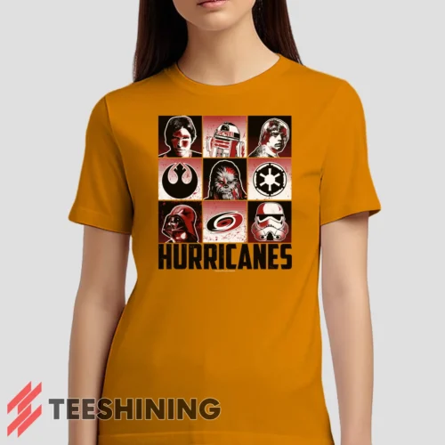 Female model wearing the Carolina Hurricanes Star Wars Heroes And Villains Women's T-Shirt in orange. Crafted from ultra-soft cotton, this classic crew neck tee offers breathable comfort and effortless style.