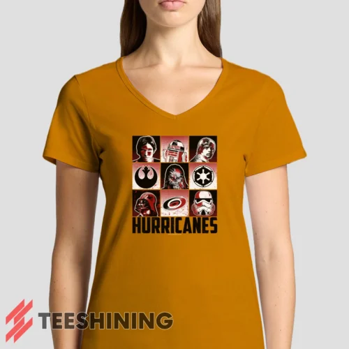 Female model rocking the Carolina Hurricanes Star Wars Heroes And Villains Women's V-Neck T-Shirt in orange. Featuring a modern V-neck cut, perfect for a stylish yet casual look.