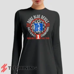 Female model sporting the Duke Blue Devils 2001 Nation Champions Ncaa Women's Long Sleeve T-Shirt in charcoal. Lightweight and breathable, ideal for transitional weather.