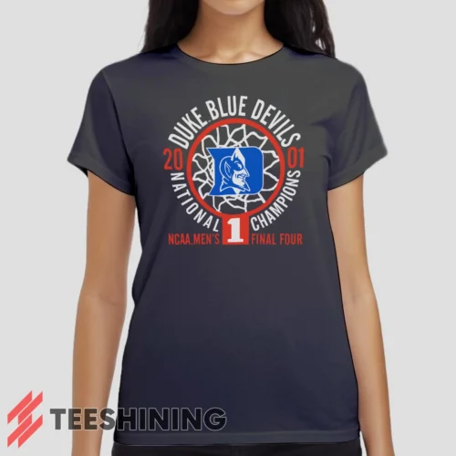 Female model wearing the Duke Blue Devils 2001 Nation Champions Ncaa Women's T-Shirt in charcoal. Crafted from ultra-soft cotton, this classic crew neck tee offers breathable comfort and effortless style.