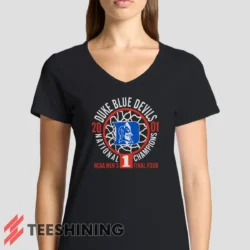 Female model rocking the Duke Blue Devils 2001 Nation Champions Ncaa Women's V-Neck T-Shirt in black. Featuring a modern V-neck cut, perfect for a stylish yet casual look.