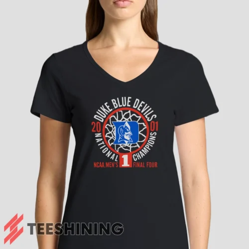 Female model rocking the Duke Blue Devils 2001 Nation Champions Ncaa Women's V-Neck T-Shirt in black. Featuring a modern V-neck cut, perfect for a stylish yet casual look.