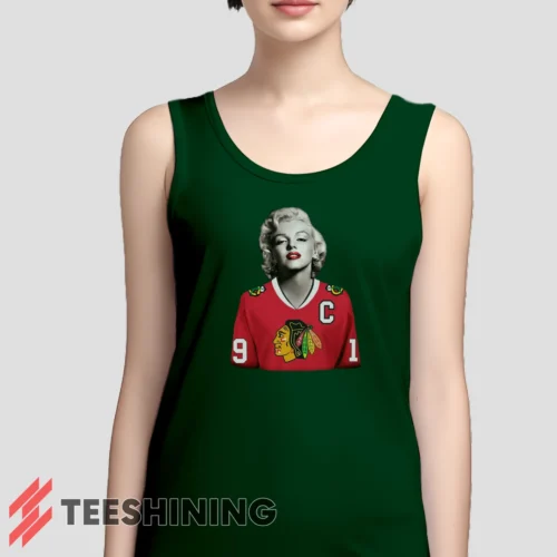 Female model wearing the Marilyn Monroe Chicago Blackhawks Unique Hockey Fan Women's Tank Top in forest green. A perfect blend of comfort and breathability for workouts or summer days.