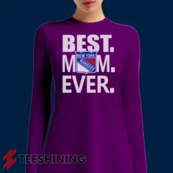Female model sporting the New York Rangers Best Mom Ever Hockey Team Gift for Moms Women's Long Sleeve T-Shirt in purple. Lightweight and breathable, ideal for transitional weather.