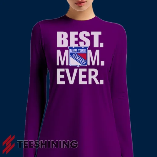 Female model sporting the New York Rangers Best Mom Ever Hockey Team Gift for Moms Women's Long Sleeve T-Shirt in purple. Lightweight and breathable, ideal for transitional weather.