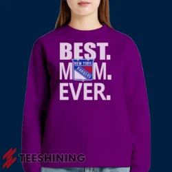 Female model lounging in the New York Rangers Best Mom Ever Hockey Team Gift for Moms Women's Sweatshirt in purple. Made from ultra-soft fabric for unmatched comfort.