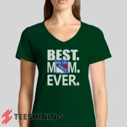 Female model rocking the New York Rangers Best Mom Ever Hockey Team Gift for Moms Women's V-Neck T-Shirt in forest green. Featuring a modern V-neck cut, perfect for a stylish yet casual look.