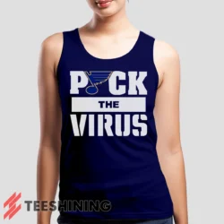 Female model wearing the St Louis Blues Jets Puck The Virus Women's Tank Top in navy. A perfect blend of comfort and breathability for workouts or summer days.