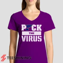 Female model rocking the St Louis Blues Jets Puck The Virus Women's V-Neck T-Shirt in purple. Featuring a modern V-neck cut, perfect for a stylish yet casual look.