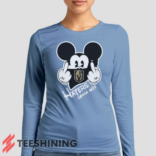 Female model sporting the Vegas Golden Knights Haters Gonna Hate Mickey Mouse Disney Hockey Women's Long Sleeve T-Shirt in light blue. Lightweight and breathable, ideal for transitional weather.