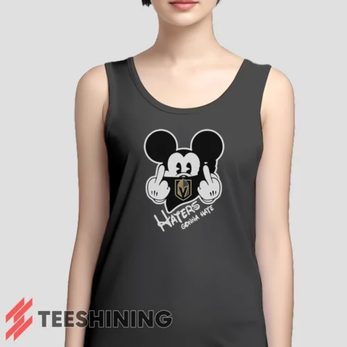 Female model wearing the Vegas Golden Knights Haters Gonna Hate Mickey Mouse Disney Hockey Women's Tank Top in charcoal. A perfect blend of comfort and breathability for workouts or summer days.