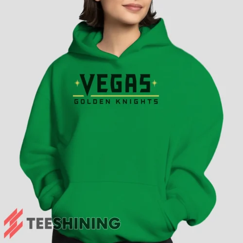 Female model showcasing the Vegas Golden Knights Women's Hoodie in irish green. This ultra-cozy pullover hoodie is designed for warmth and everyday versatility.