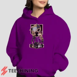 Female model showcasing the Vegas Golden Knights Rick And Morty Women's Hoodie in purple. This ultra-cozy pullover hoodie is designed for warmth and everyday versatility.