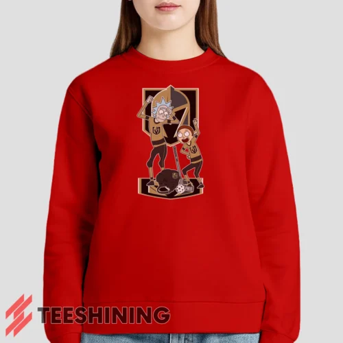 Female model lounging in the Vegas Golden Knights Rick And Morty Women's Sweatshirt in red. Made from ultra-soft fabric for unmatched comfort.