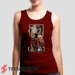 Female model wearing the Vegas Golden Knights Rick And Morty Women's Tank Top in maroon. A perfect blend of comfort and breathability for workouts or summer days.