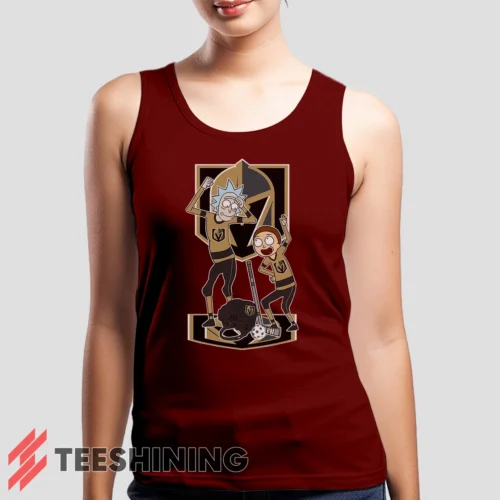 Female model wearing the Vegas Golden Knights Rick And Morty Women's Tank Top in maroon. A perfect blend of comfort and breathability for workouts or summer days.