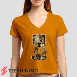 Female model rocking the Vegas Golden Knights Rick And Morty Women's V-Neck T-Shirt in orange. Featuring a modern V-neck cut, perfect for a stylish yet casual look.