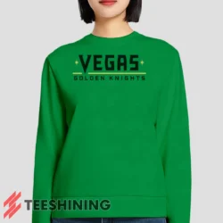 Female model lounging in the Vegas Golden Knights Women's Sweatshirt in irish green. Made from ultra-soft fabric for unmatched comfort.