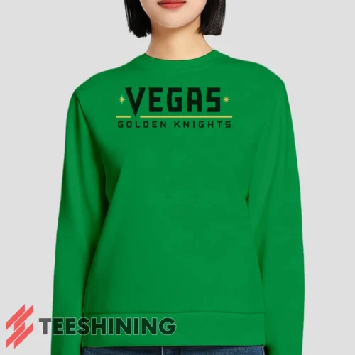 Female model lounging in the Vegas Golden Knights Women's Sweatshirt in irish green. Made from ultra-soft fabric for unmatched comfort.