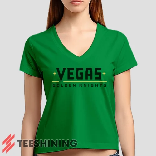 Female model rocking the Vegas Golden Knights Women's V-Neck T-Shirt in irish green. Featuring a modern V-neck cut, perfect for a stylish yet casual look.